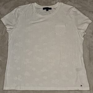 Tommy Hilfiger Women’s XL White Textured Floral Pocket T-Shirt Sleeve Casual Tee